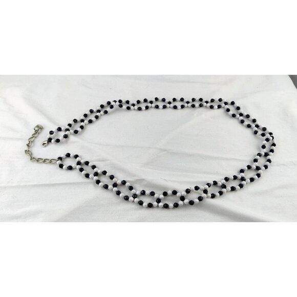 Beaded Belt Black White Beads Silver Extension Chain Boho Cottage Core Necklace - Picture 1 of 5
